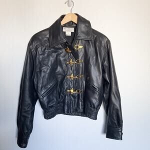 St. John Black Leather Jacket with Gold Accents